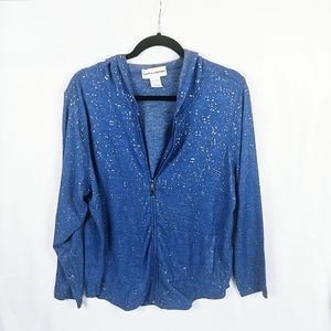 Cathy Daniels Metallic Sparkle Hoodie Women L Front Pockets Round Hem Blue